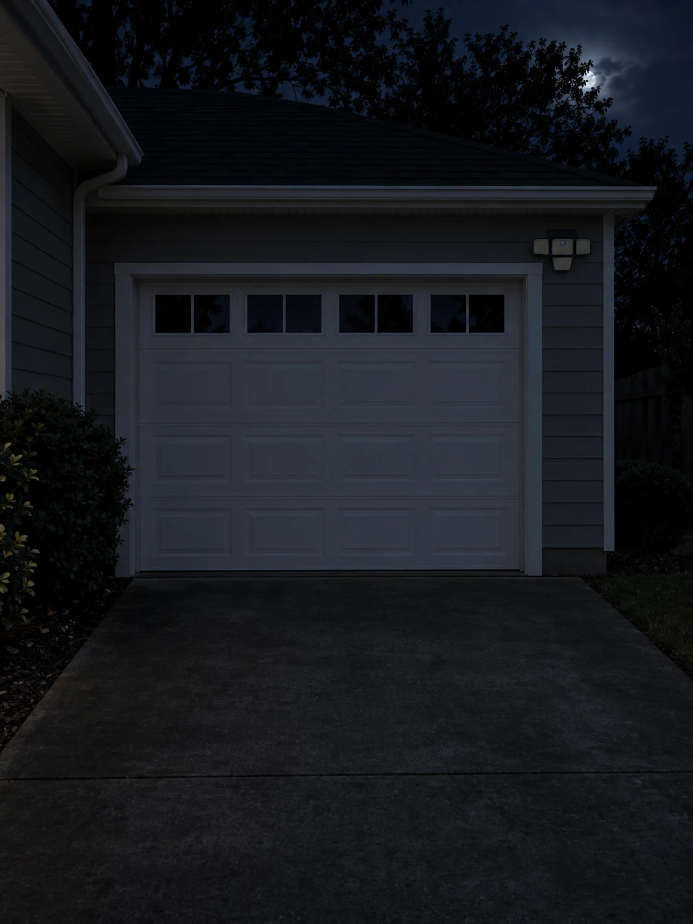 Illustrative: a garage and driveway at night with the Flex light off