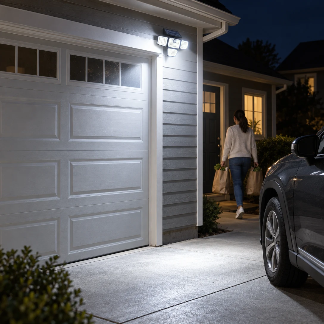 The flood light mounted beside a garage door at night, all four heads lighting the driveway