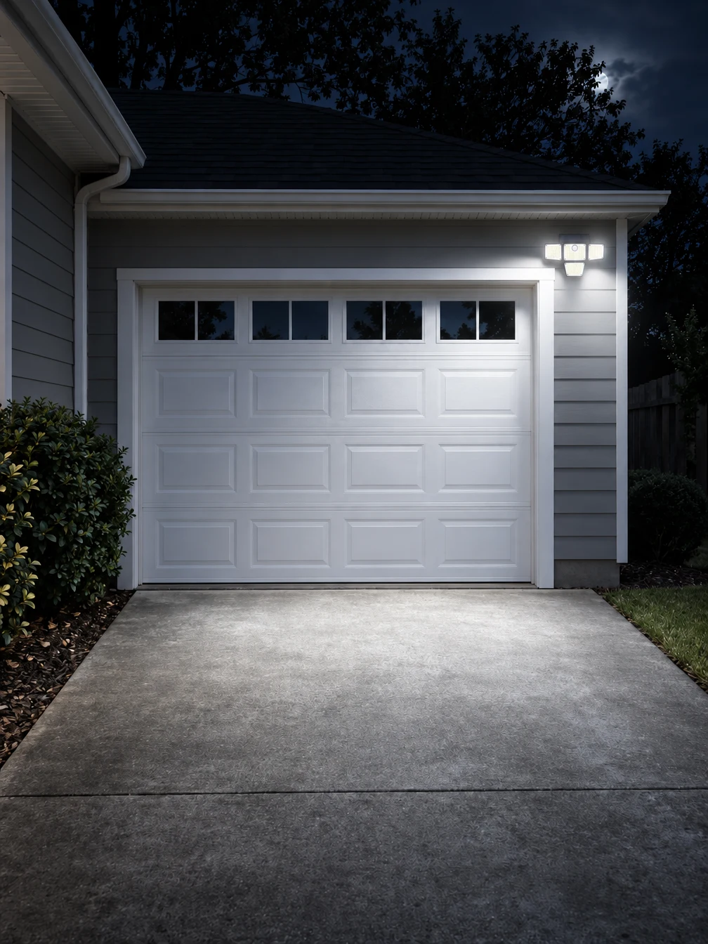 Illustrative: the same garage and driveway lit by the Flex flood light