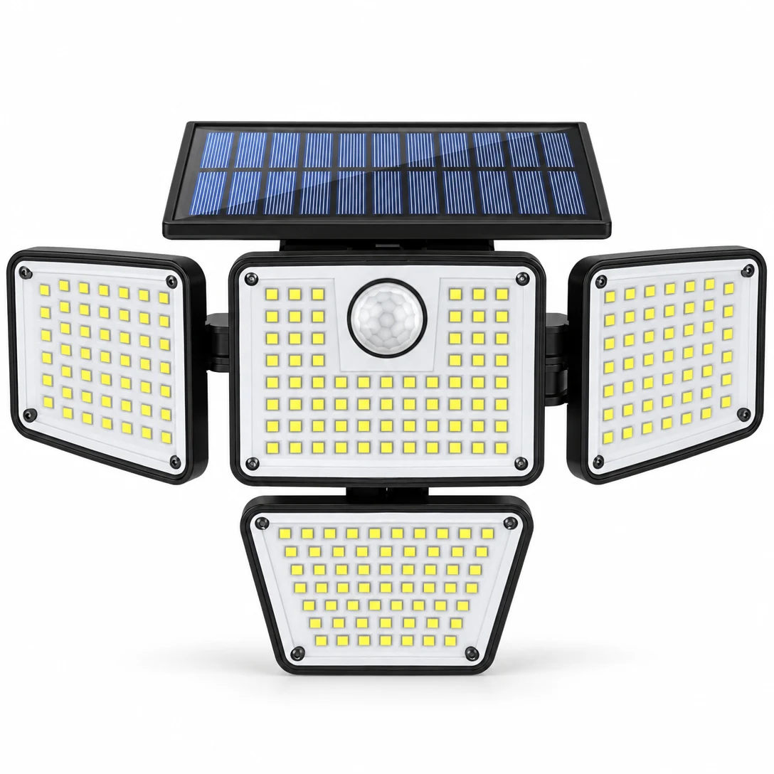 50W Solar Powered LED Flood Light — four adjustable heads with the solar panel raised