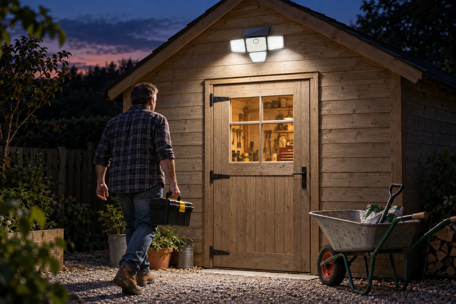 Solar flood light on a garden workshop wall with no mains power, lighting the door at dusk