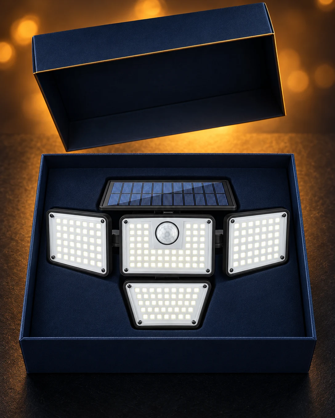 The Flex solar flood light inside an open navy gift box