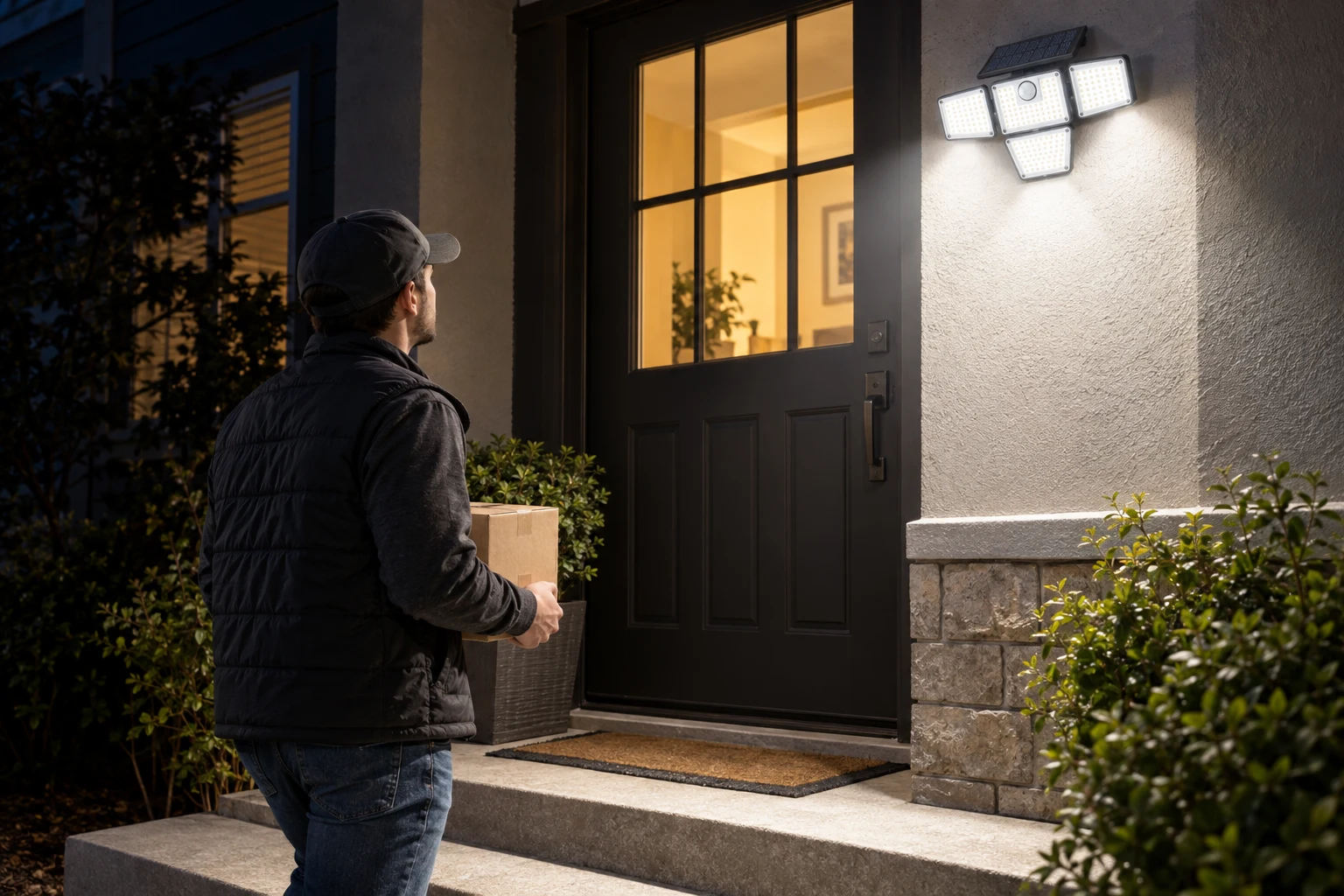 Solar flood light mounted beside a front door, lighting the steps as a visitor arrives at night