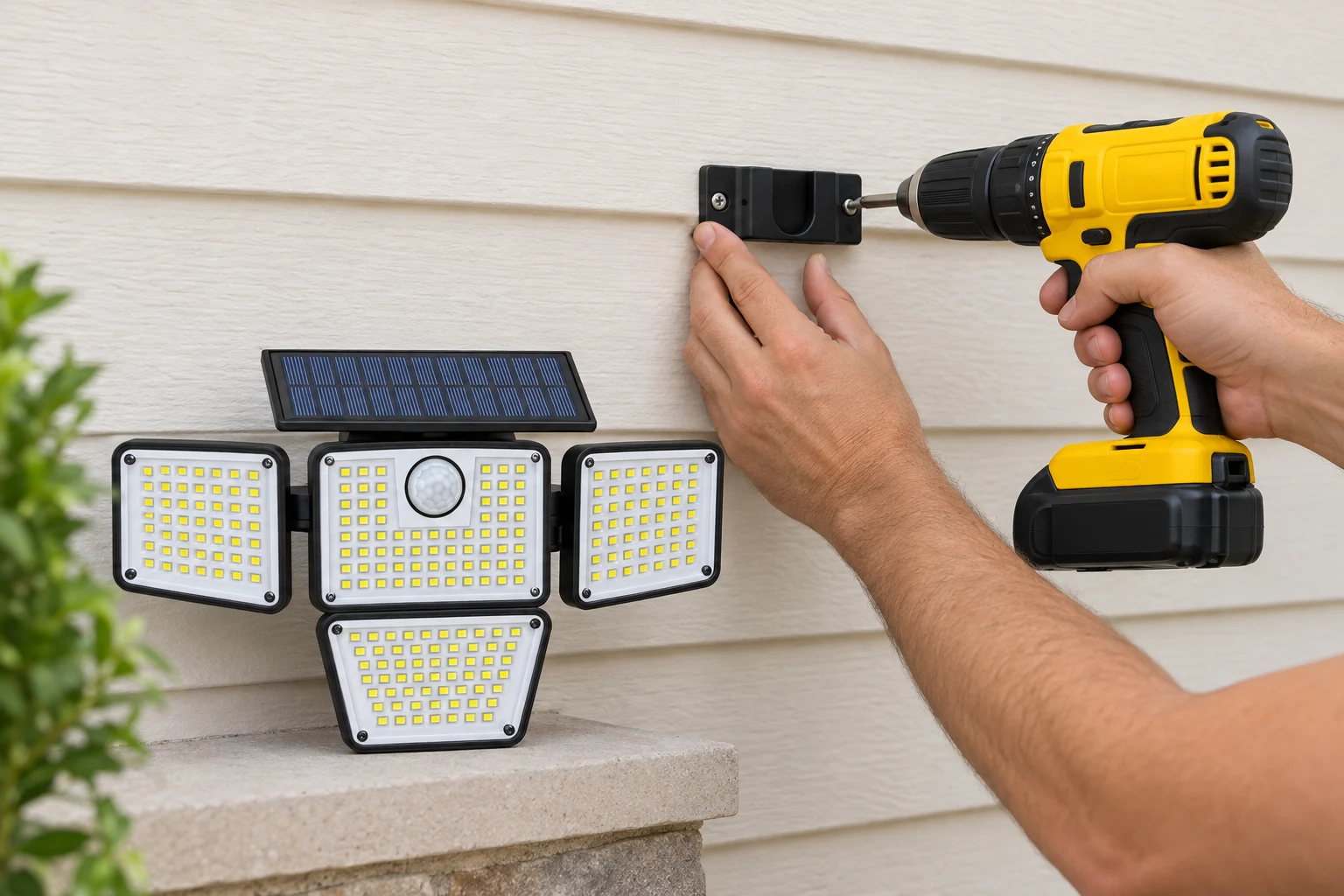 Two hands driving a screw through the wall bracket with a cordless drill, the light waiting beside them