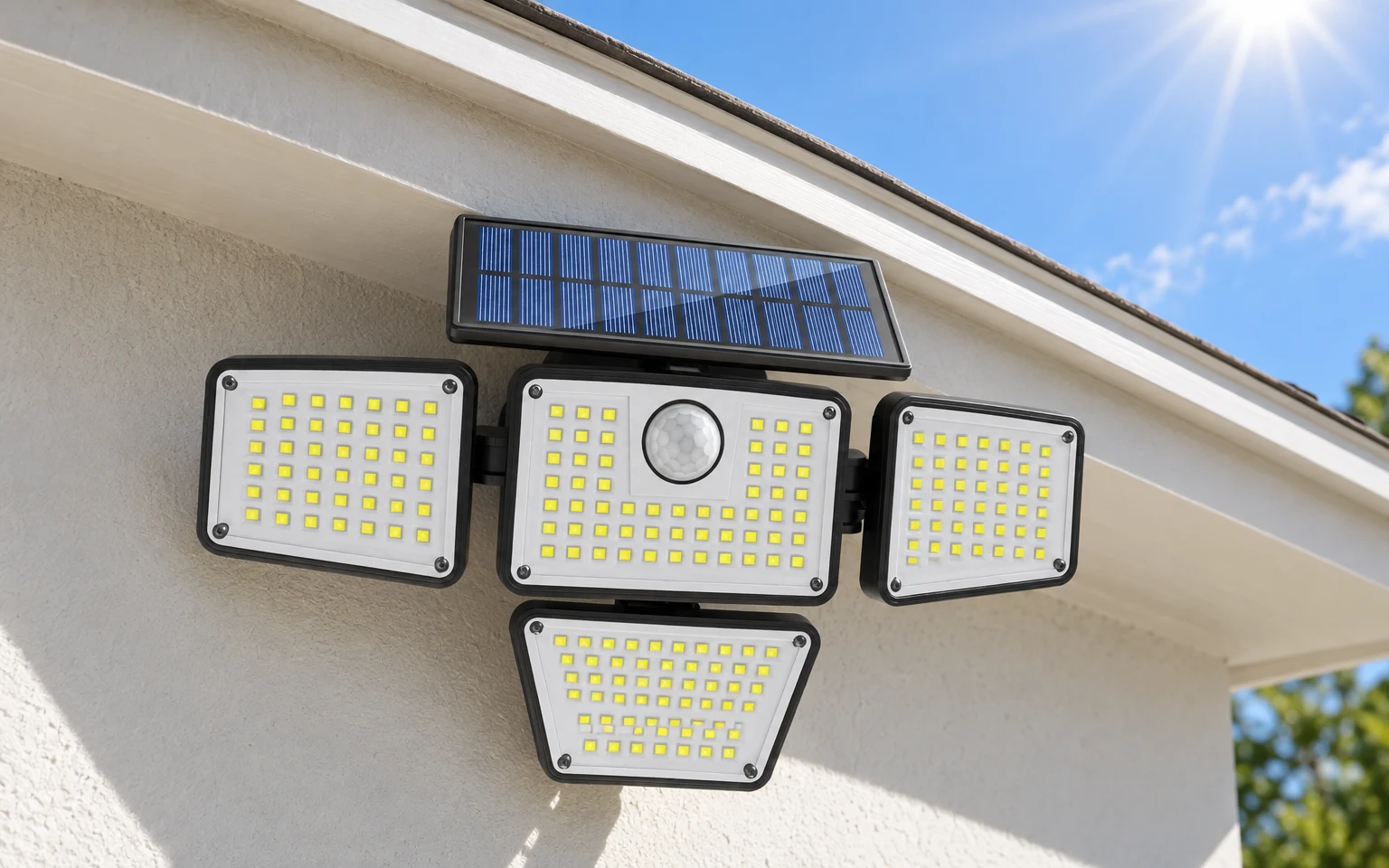 Close-up of the flood light's raised solar panel in full midday sun under an eave