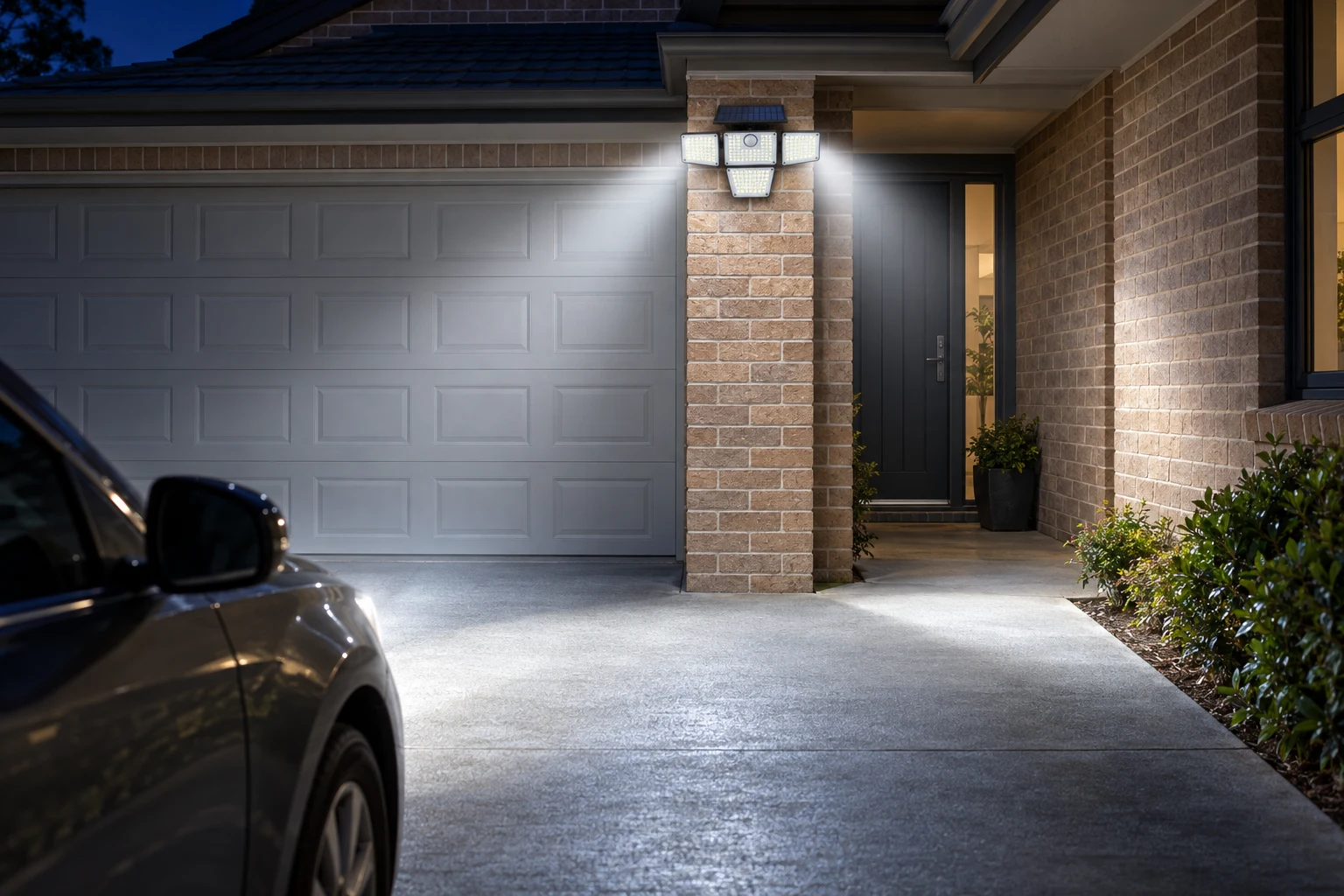 Solar flood light above a garage door lighting the whole driveway as a car pulls in