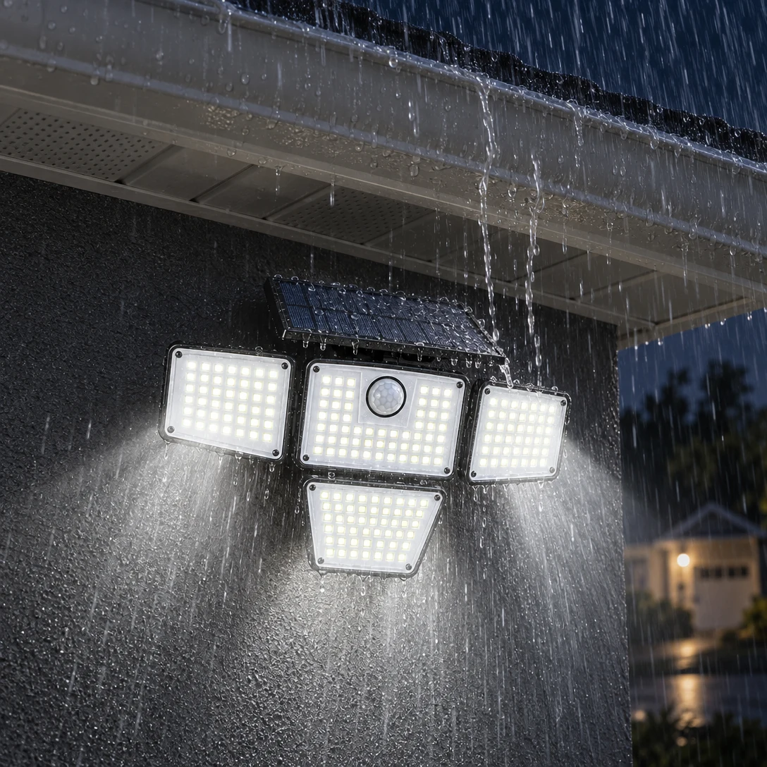 The flood light in heavy rain under an eave, water running off the solar panel while the heads stay lit