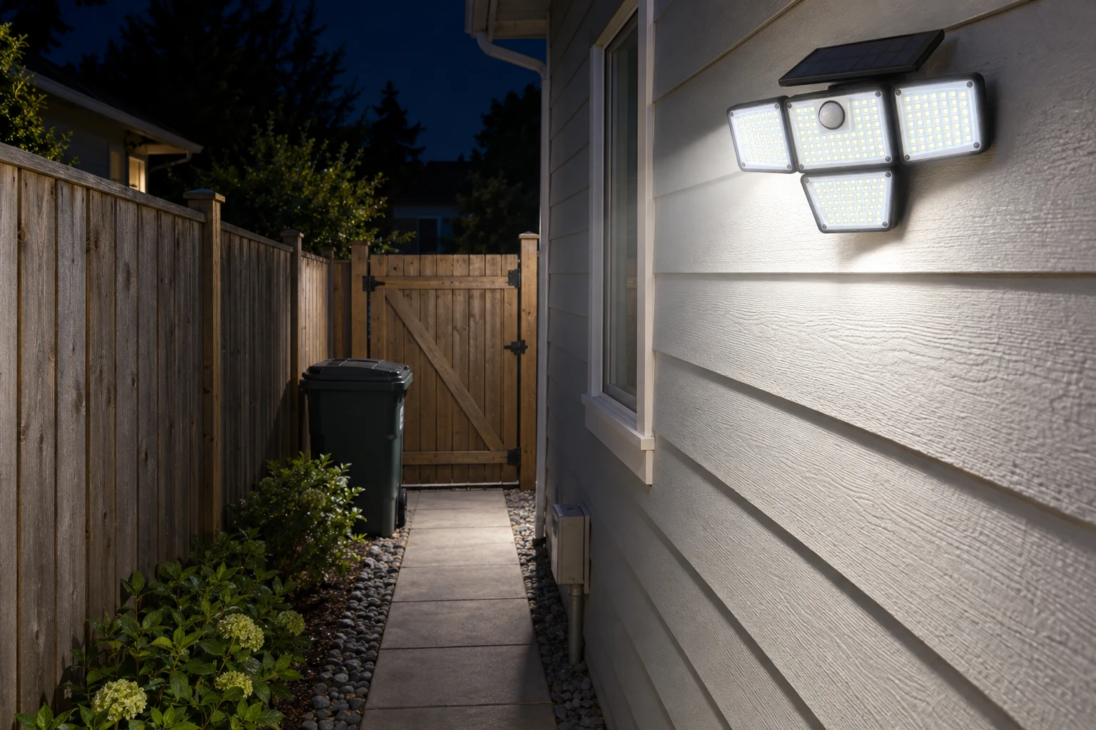 Solar flood light lighting the narrow side yard and gate beside a house at night