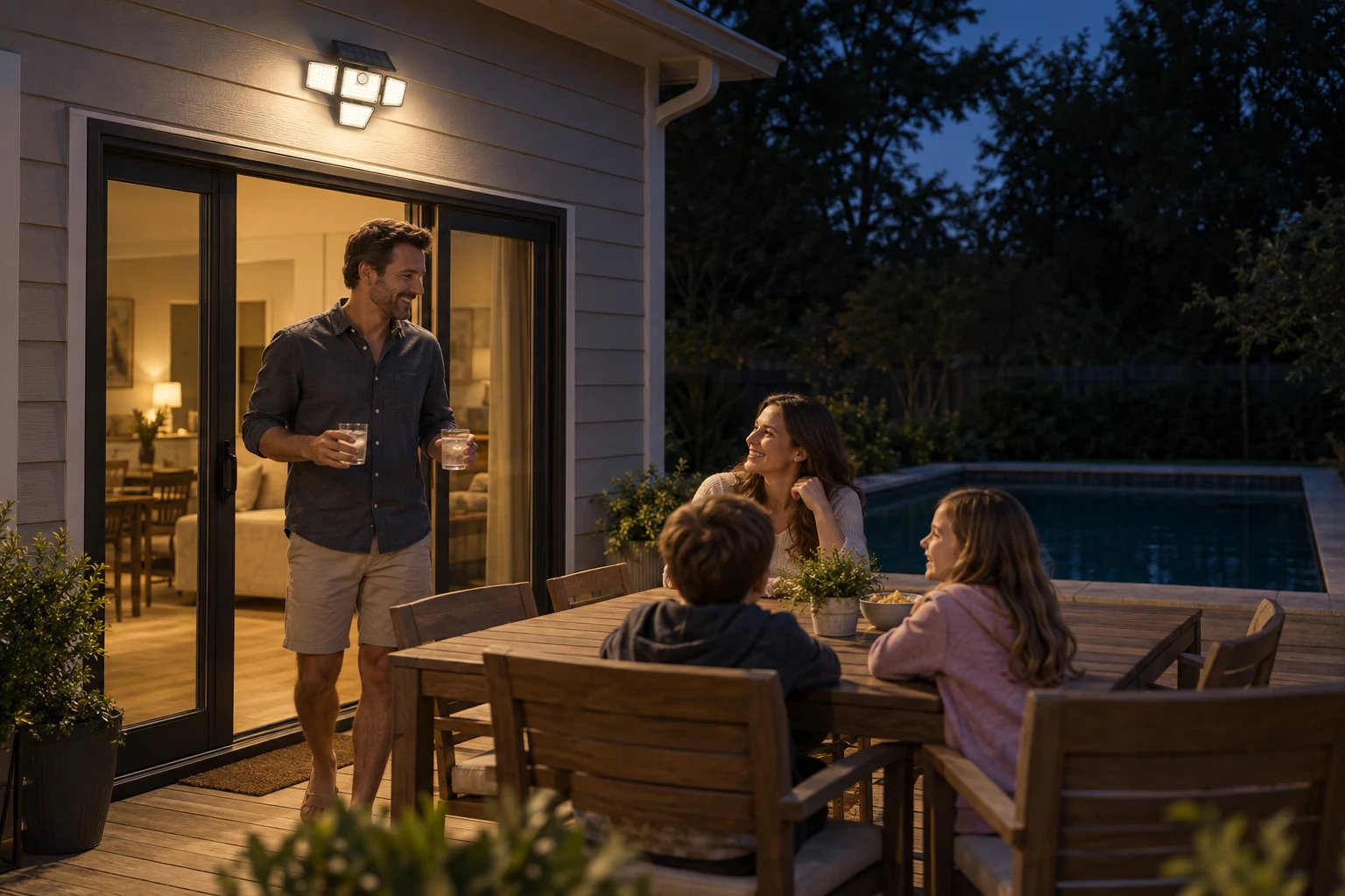 Solar flood light over a wooden deck and small pool, holding a steady glow for an evening outside