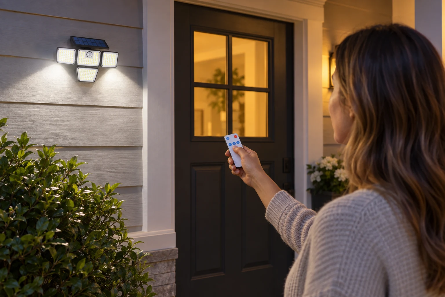 A woman on her porch pointing the remote at the mounted flood light to pick a mode