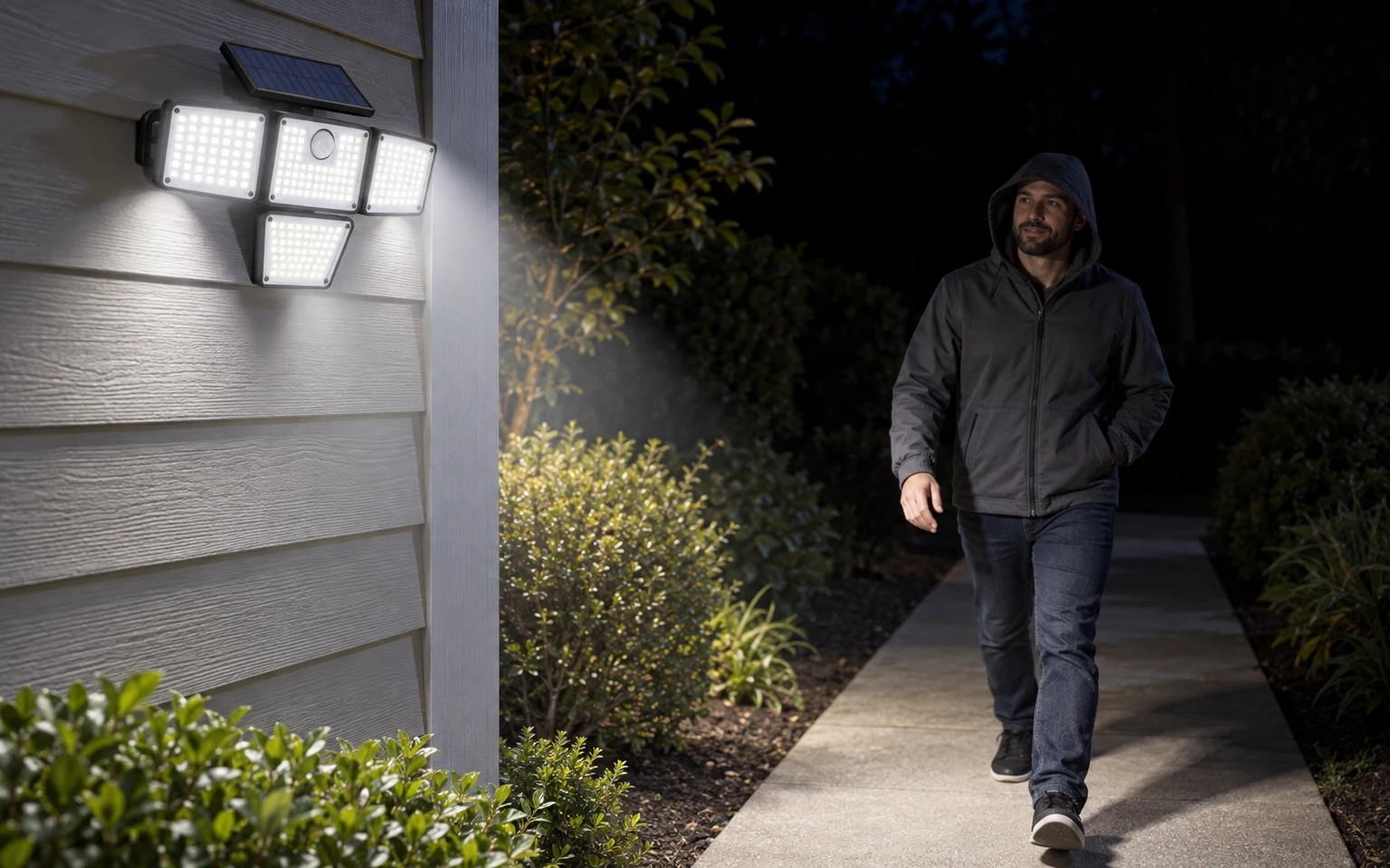 All four heads at full brightness as someone walks up the path at night