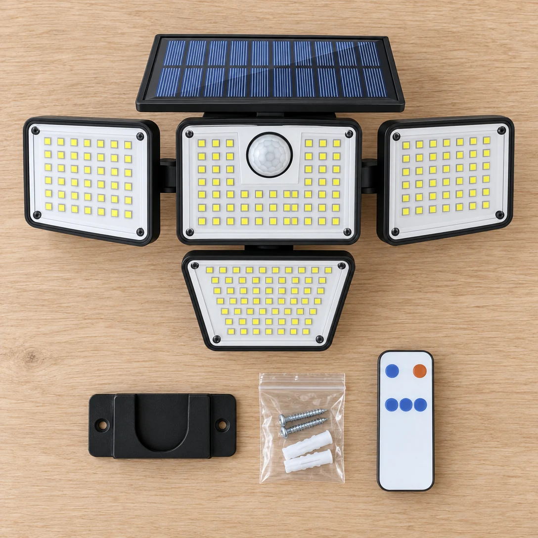 What's in the box: the flood light, the wall bracket, two screws with anchors, and the remote control