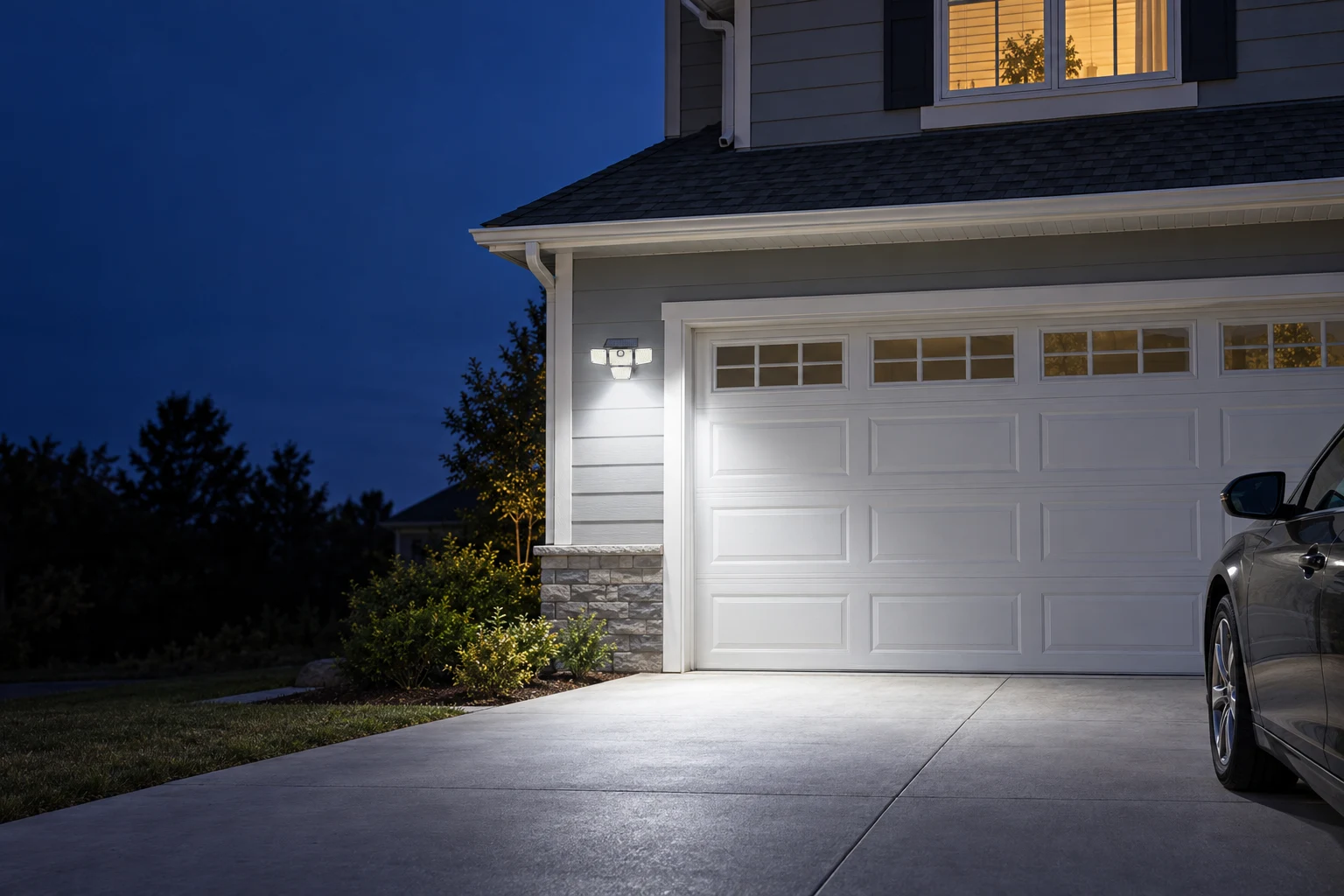 The Flex solar flood light lighting a garage and driveway at dusk