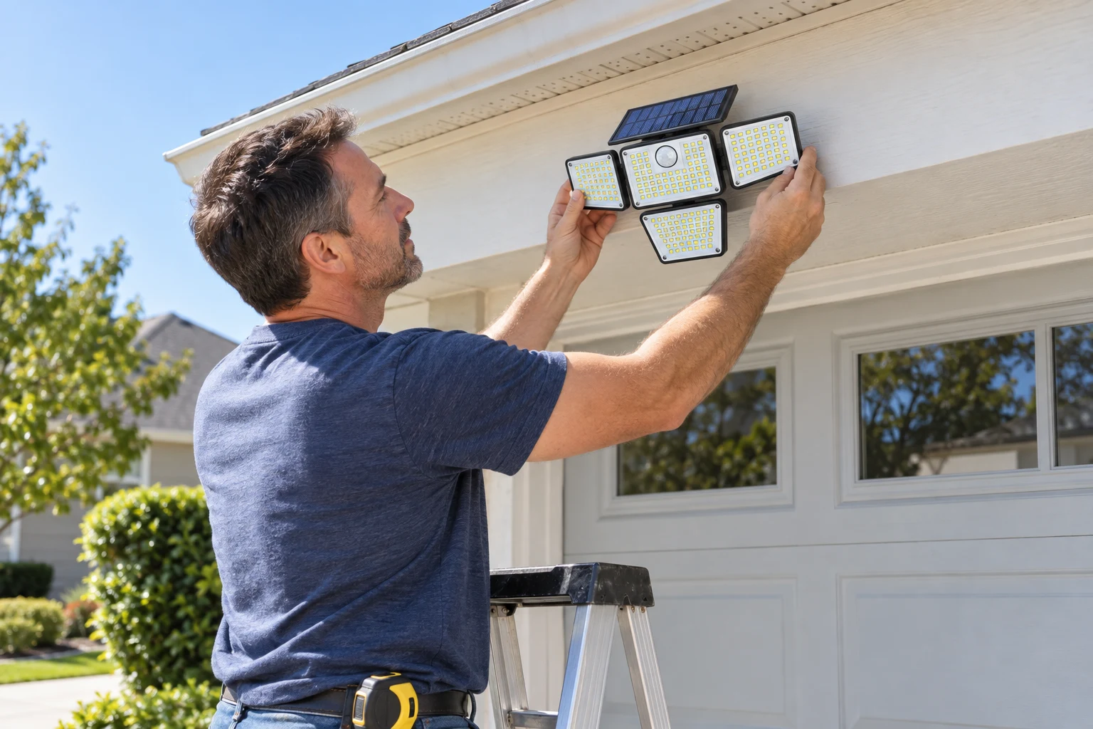 A homeowner on a stepladder holding the flood light up to the fascia to choose its spot in the sun