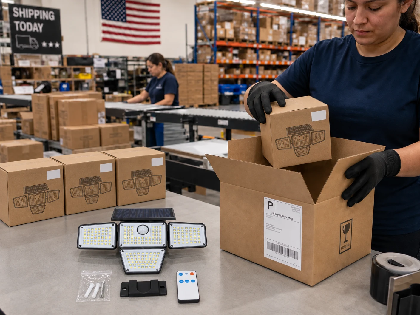 Energy Solar Lighting flood light orders being packed in our U.S. warehouse