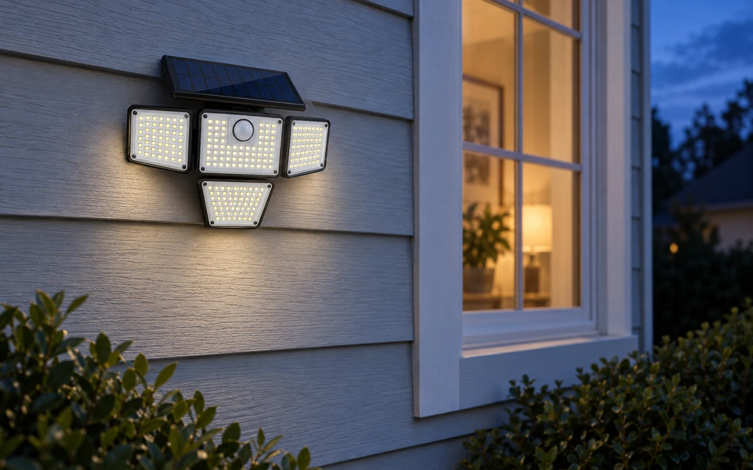 The flood light switching on at blue-hour dusk on a house wall
