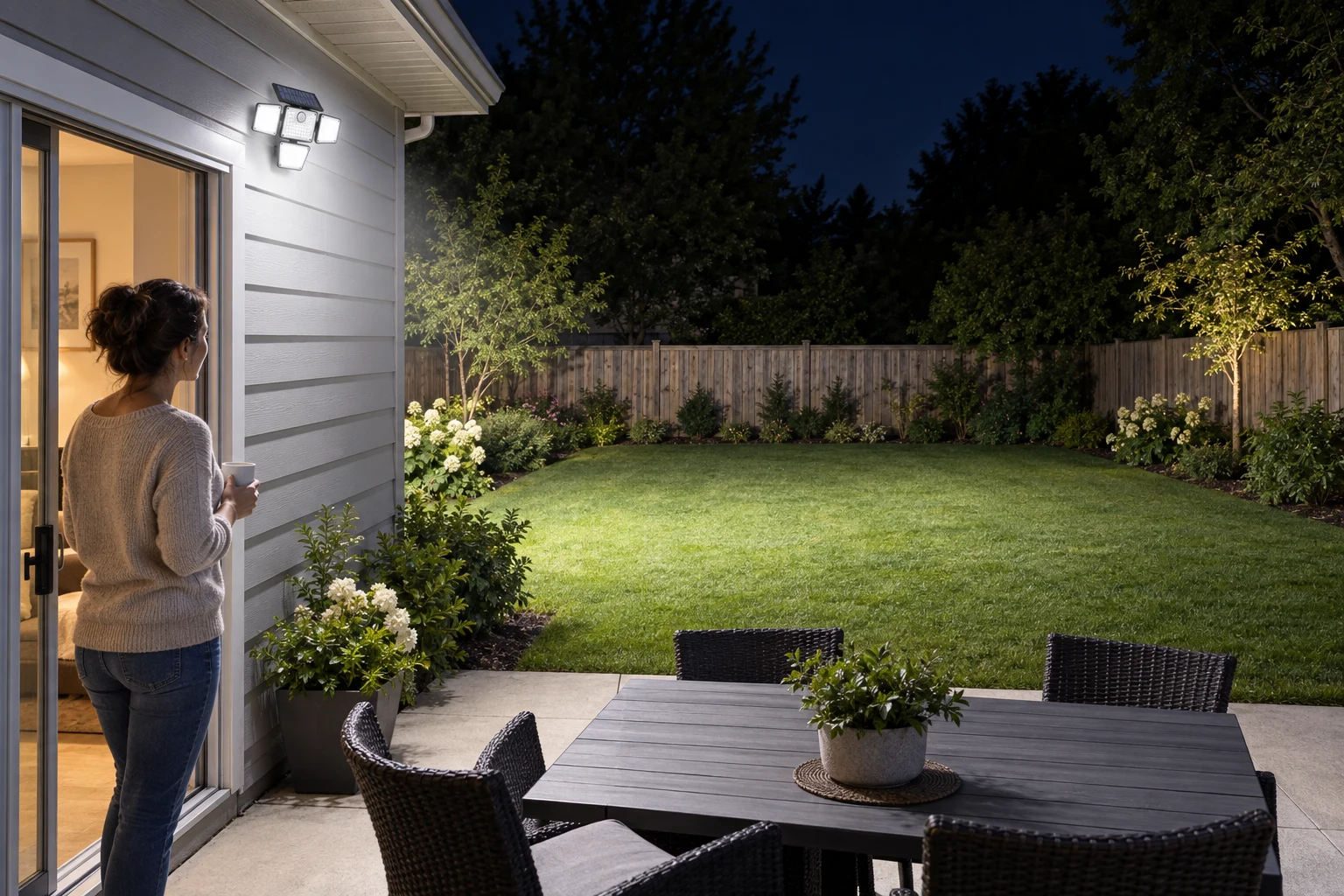 One solar flood light lighting a whole backyard lawn and patio at night