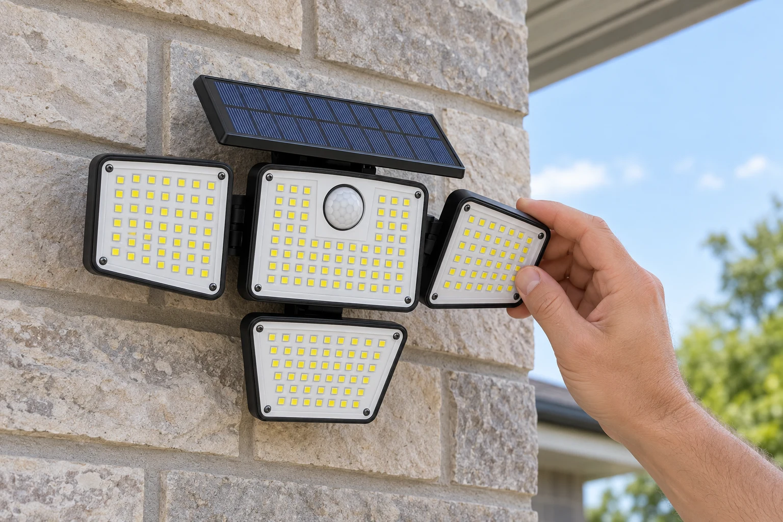 A hand tilting one of the four heads of the mounted flood light to aim it